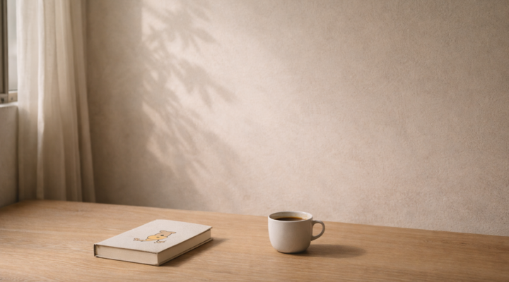 Cuaderno infantil cerrado y taza blanca sobre mesa de madera junto a una ventana con luz natural suave y sombra de hojas en pared beige.