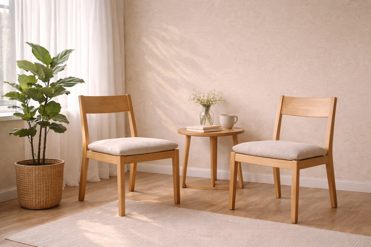 Dos sillas de madera frente a frente junto a una ventana con planta verde en una sala luminosa de consulta.