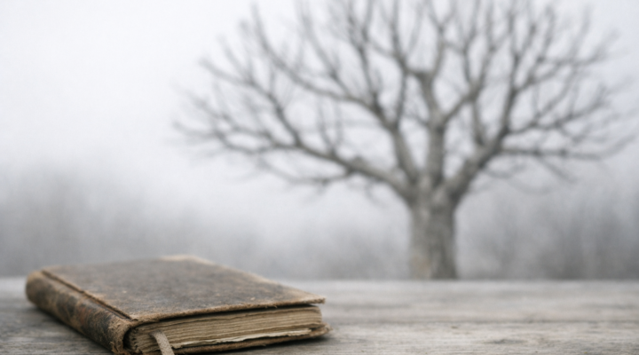 Cuaderno antiguo cerrado sobre una superficie de madera, con un árbol podado sin hojas al fondo, en un paisaje invernal silencioso y desenfocado.