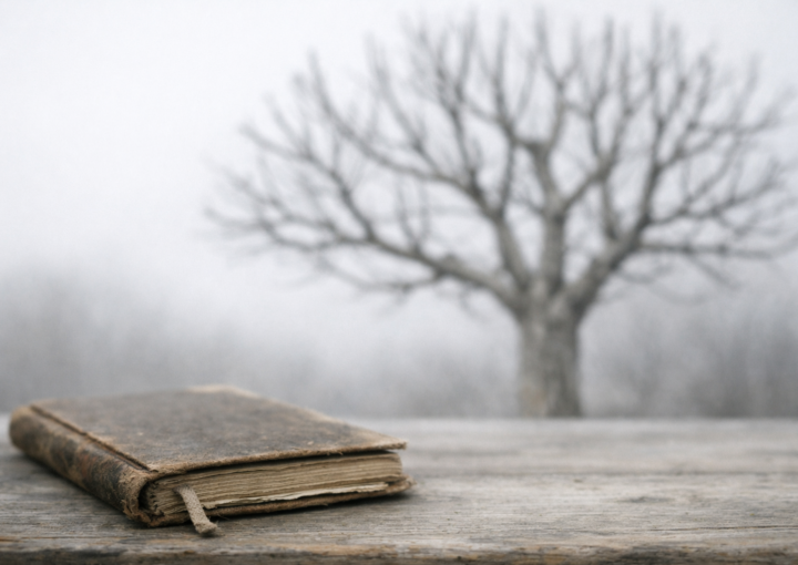 Cuaderno antiguo cerrado sobre una superficie de madera, con un árbol podado sin hojas al fondo, en un paisaje invernal silencioso y desenfocado.