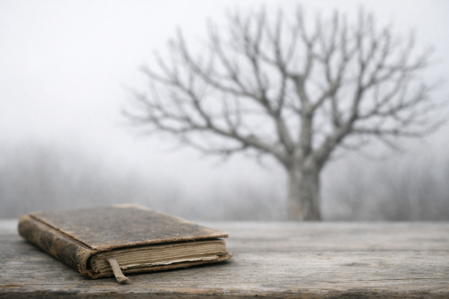 Cuaderno antiguo cerrado sobre una superficie de madera, con un árbol podado sin hojas al fondo, en un paisaje invernal silencioso y desenfocado.