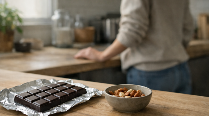 Tableta de chocolate negro sobre encimera de cocina junto a un cuenco de frutos secos, con persona desenfocada al fondo.