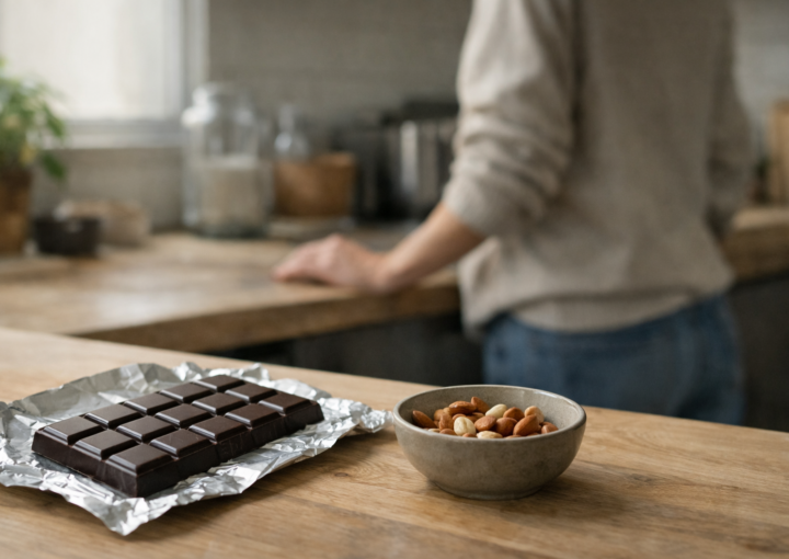 Tableta de chocolate negro sobre encimera de cocina junto a un cuenco de frutos secos, con persona desenfocada al fondo.