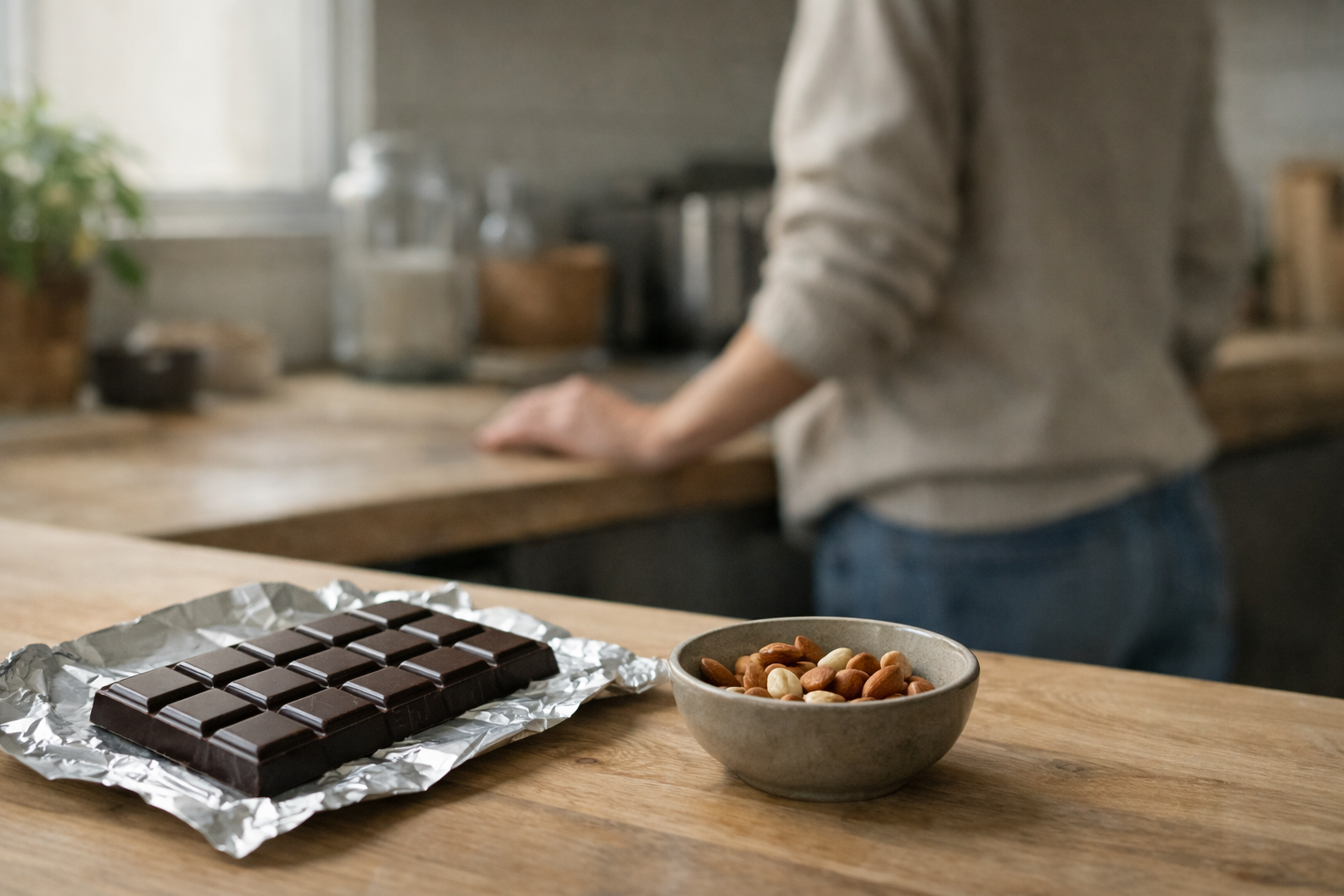 Tableta de chocolate negro sobre encimera de cocina junto a un cuenco de frutos secos, con persona desenfocada al fondo.