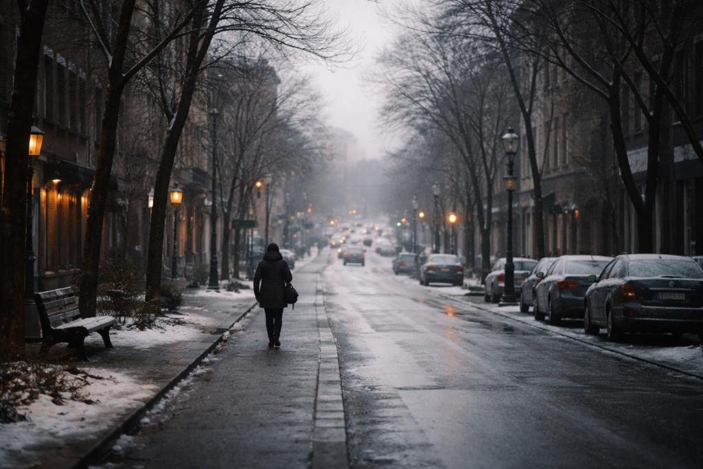 Persona caminando sola por una calle urbana en invierno, con árboles sin hojas, coches aparcados y luz tenue en un día gris.