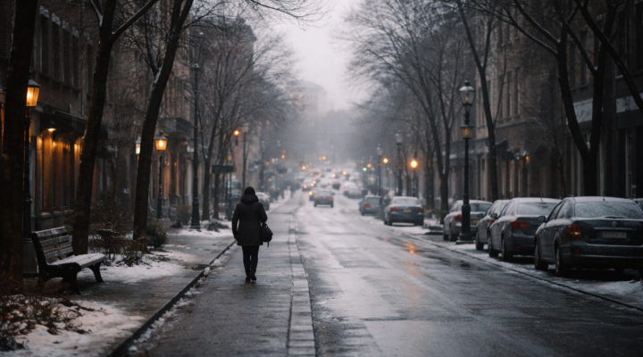 Persona caminando sola por una calle urbana en invierno, con árboles sin hojas, coches aparcados y luz tenue en un día gris.