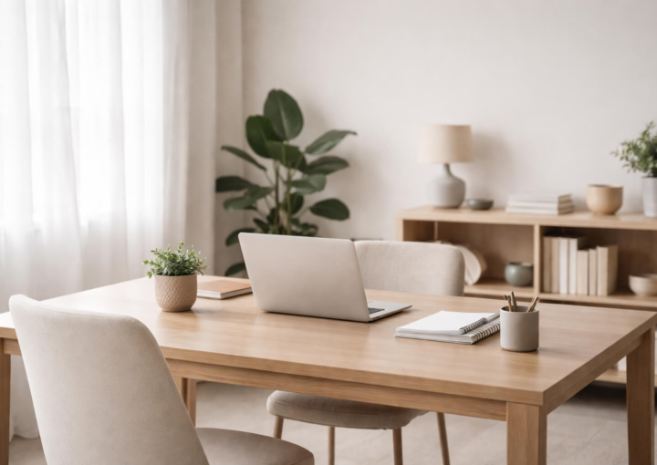 Mesa de despacho de madera clara en consulta sobria y luminosa con portátil y cuaderno