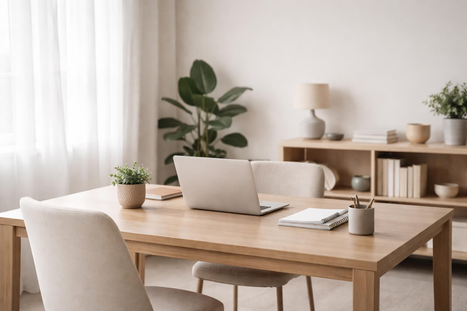 Mesa de despacho de madera clara en consulta sobria y luminosa con portátil y cuaderno