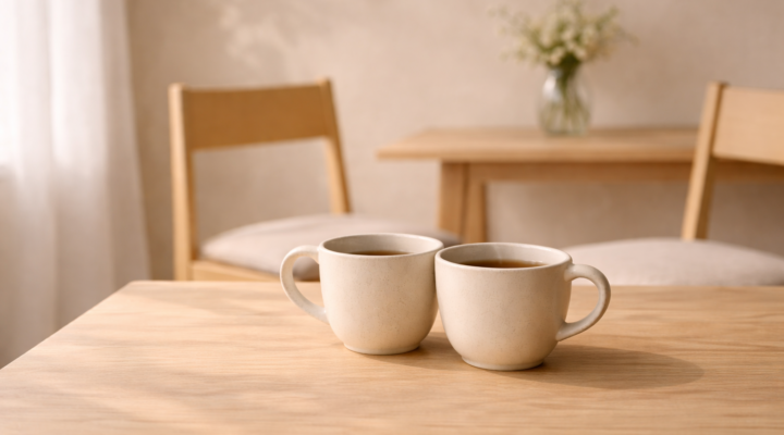 Dos tazas de cerámica juntas sobre mesa de madera con dos sillas al fondo y luz natural suave en interior minimalista.