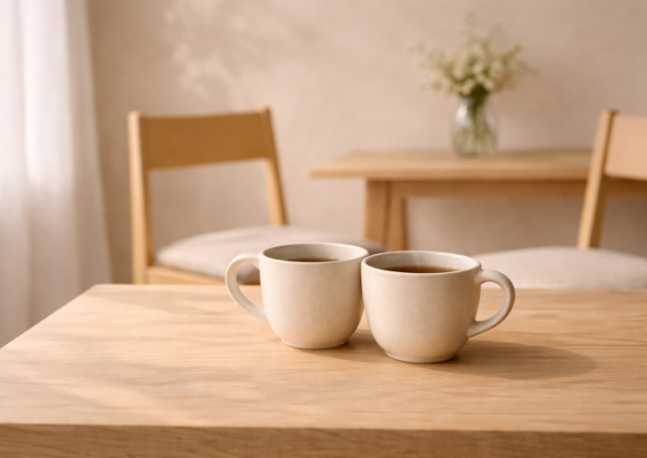 Dos tazas de cerámica juntas sobre mesa de madera con dos sillas al fondo y luz natural suave en interior minimalista.