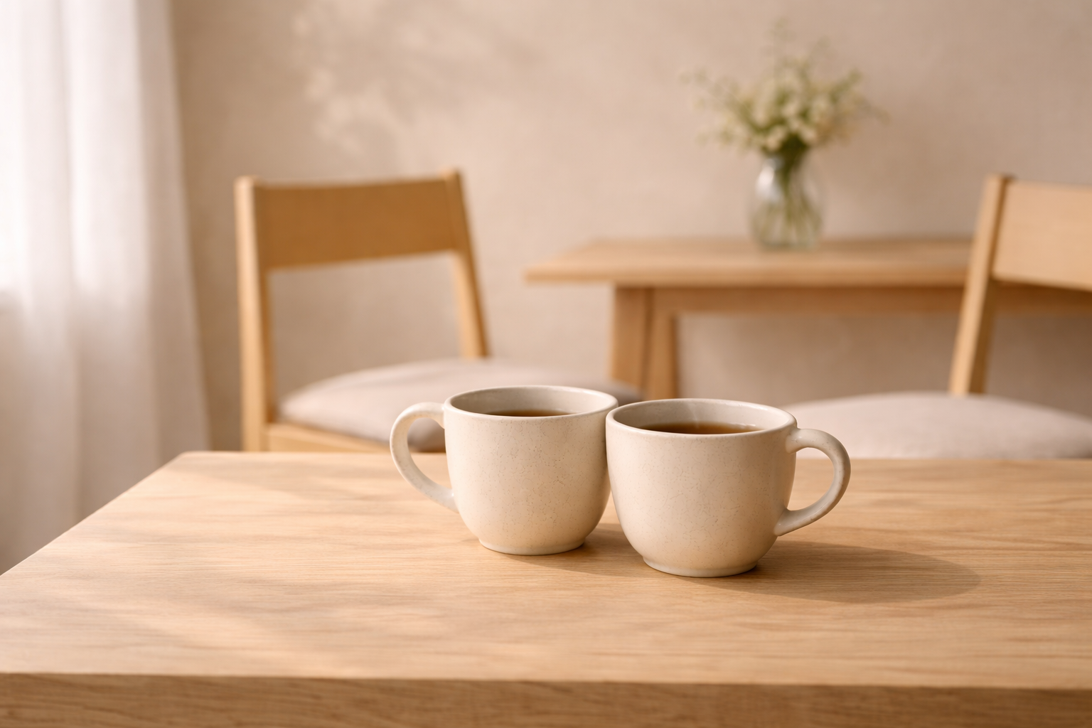 Dos tazas de cerámica juntas sobre mesa de madera con dos sillas al fondo y luz natural suave en interior minimalista.
