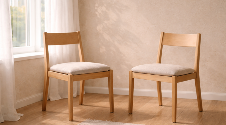 Dos sillas de madera frente a frente junto a una ventana con cortina, en una habitación minimalista con luz natural.
