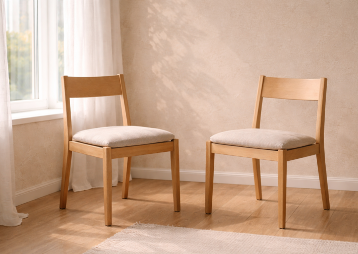 Dos sillas de madera frente a frente junto a una ventana con cortina, en una habitación minimalista con luz natural.