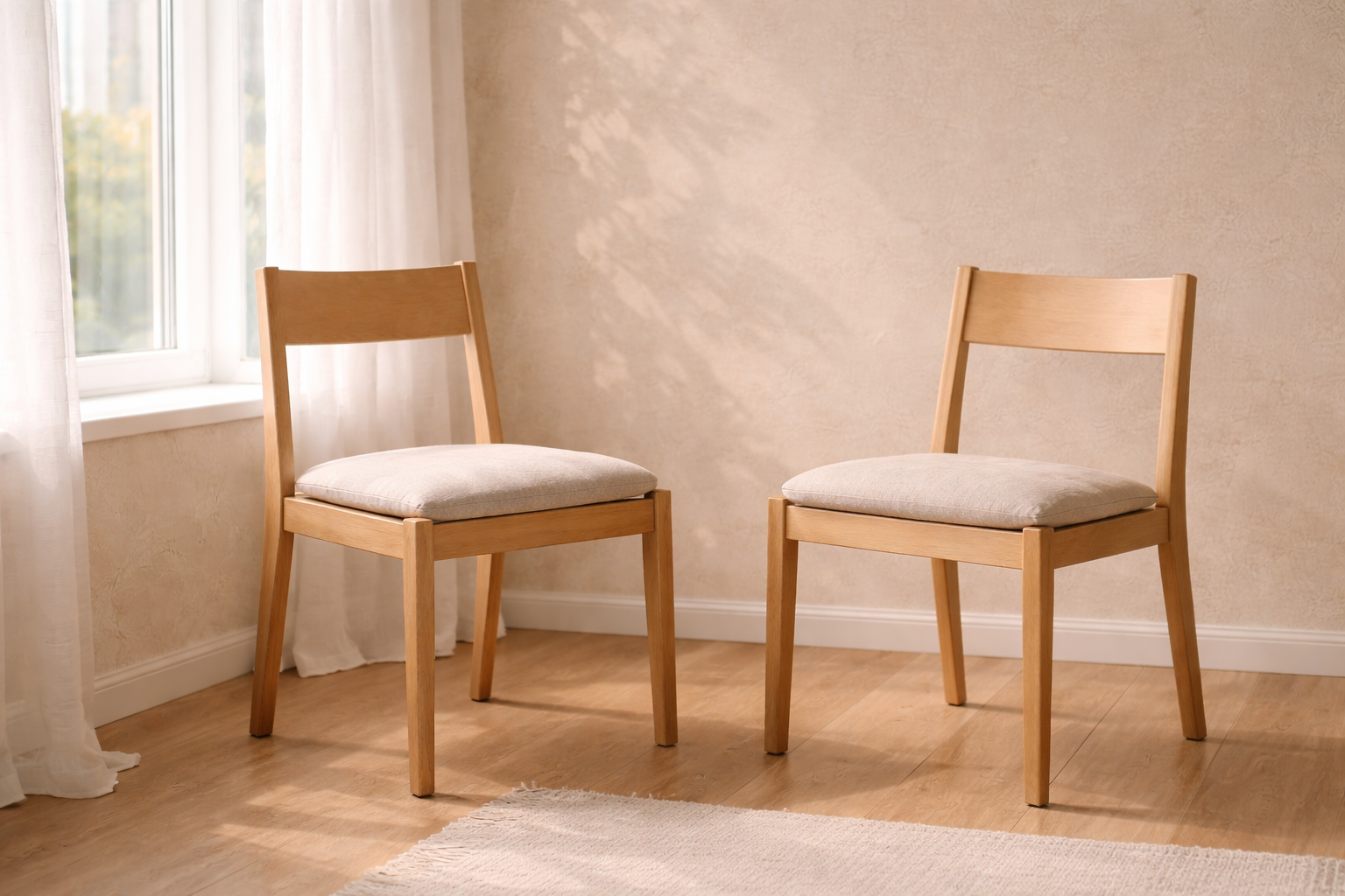Dos sillas de madera frente a frente junto a una ventana con cortina, en una habitación minimalista con luz natural.