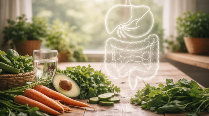Verduras frescas sobre mesa de madera con representación sutil del sistema digestivo en una cocina luminosa de primavera.