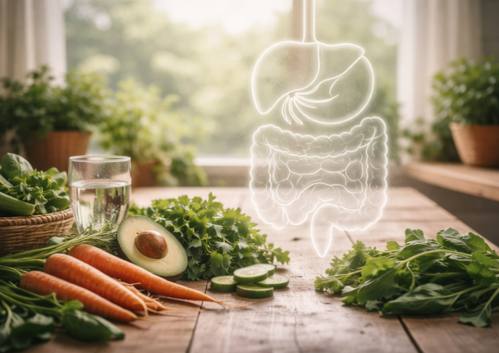 Verduras frescas sobre mesa de madera con representación sutil del sistema digestivo en una cocina luminosa de primavera.