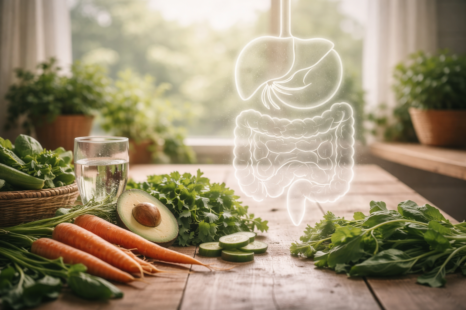 Verduras frescas sobre mesa de madera con representación sutil del sistema digestivo en una cocina luminosa de primavera.
