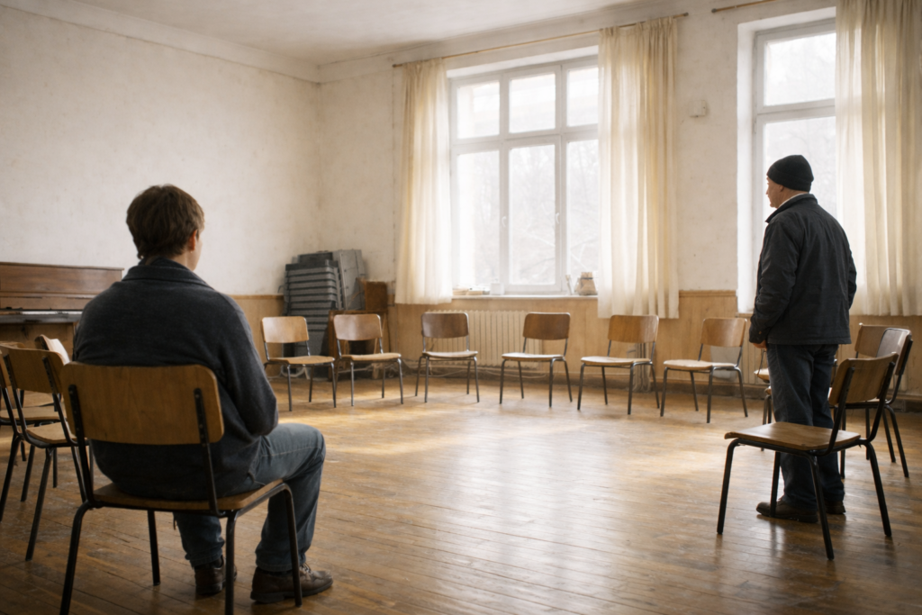 Sala amplia y luminosa con sillas dispuestas en círculo y dos personas en silencio, iluminadas por luz natural.