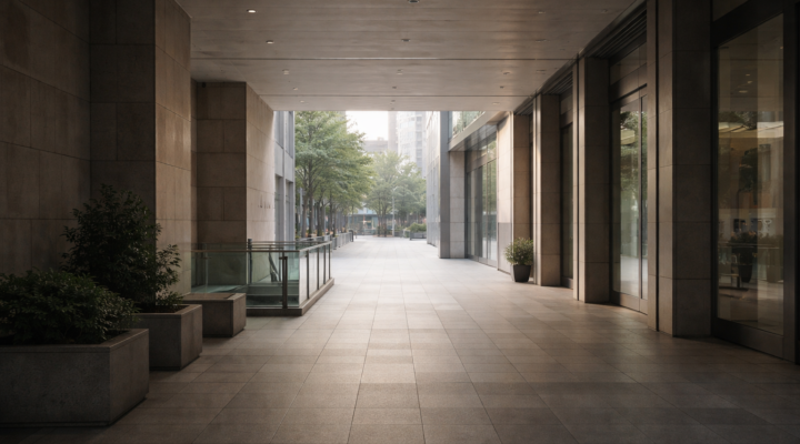 Espacio urbano de transición al amanecer, con arquitectura neutra y luz natural suave, casi vacío.