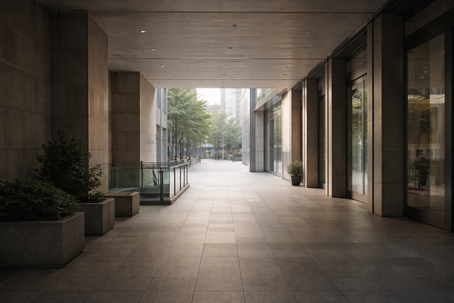 Espacio urbano de transición al amanecer, con arquitectura neutra y luz natural suave, casi vacío.