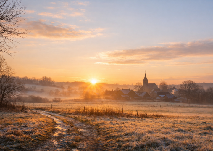 Amanecer de finales de invierno sobre un paisaje rural con campos helados y un pueblo al fondo.