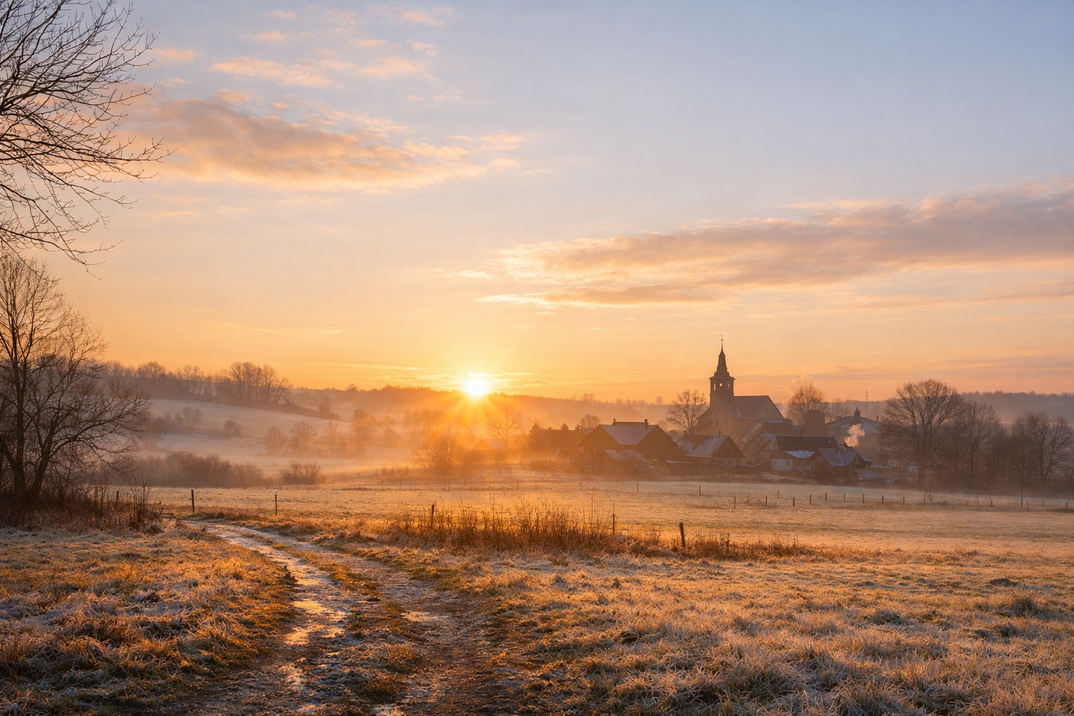Amanecer de finales de invierno sobre un paisaje rural con campos helados y un pueblo al fondo.