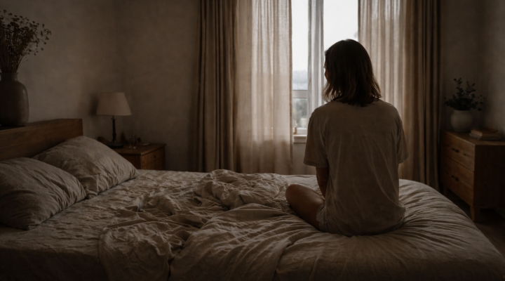 Mujer sentada en una cama al atardecer en dormitorio de tonos tierra suaves