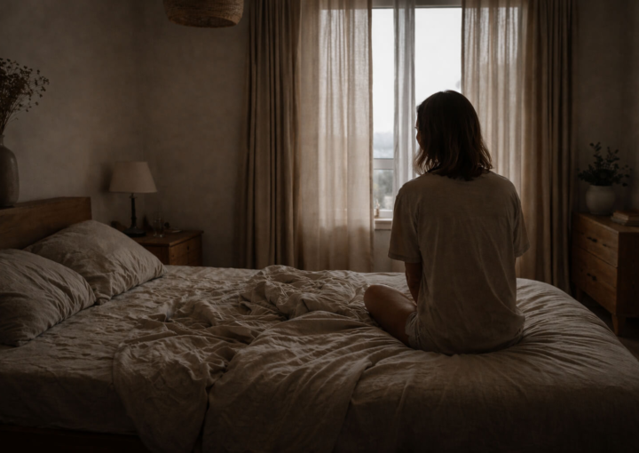 Mujer sentada en una cama al atardecer en dormitorio de tonos tierra suaves