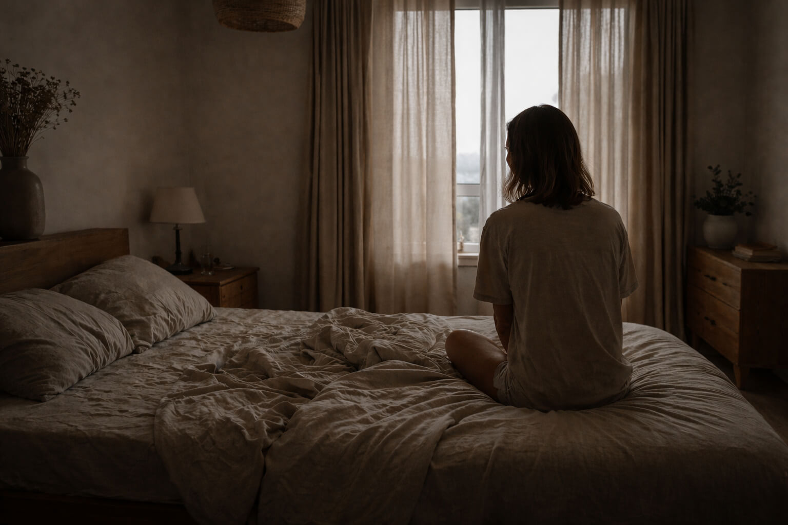 Mujer sentada en una cama al atardecer en dormitorio de tonos tierra suaves