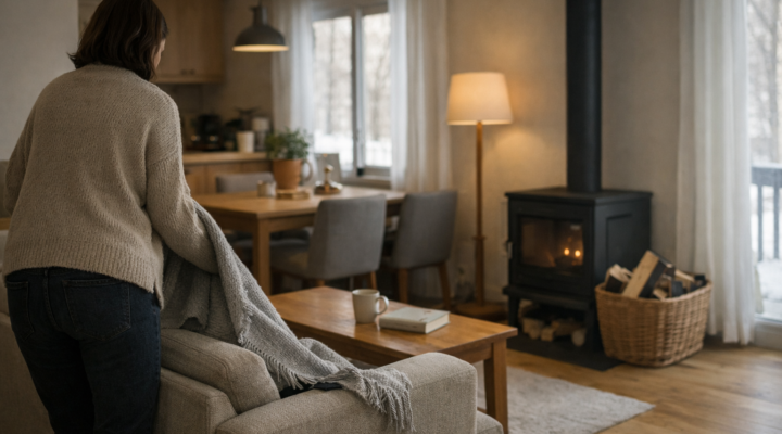 Mujer colocando una manta en el salón durante una tarde de invierno con luz natural suave y ambiente doméstico tranquilo
