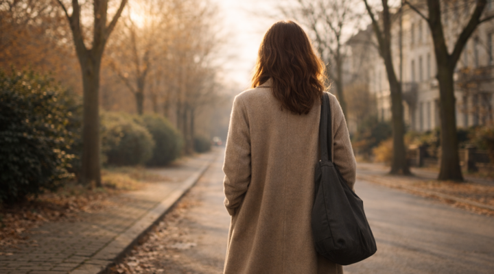 Mujer en primer plano caminando por una calle arbolada en invierno con luz suave de sol bajo