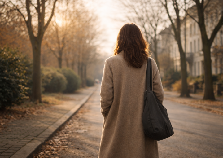 Mujer en primer plano caminando por una calle arbolada en invierno con luz suave de sol bajo
