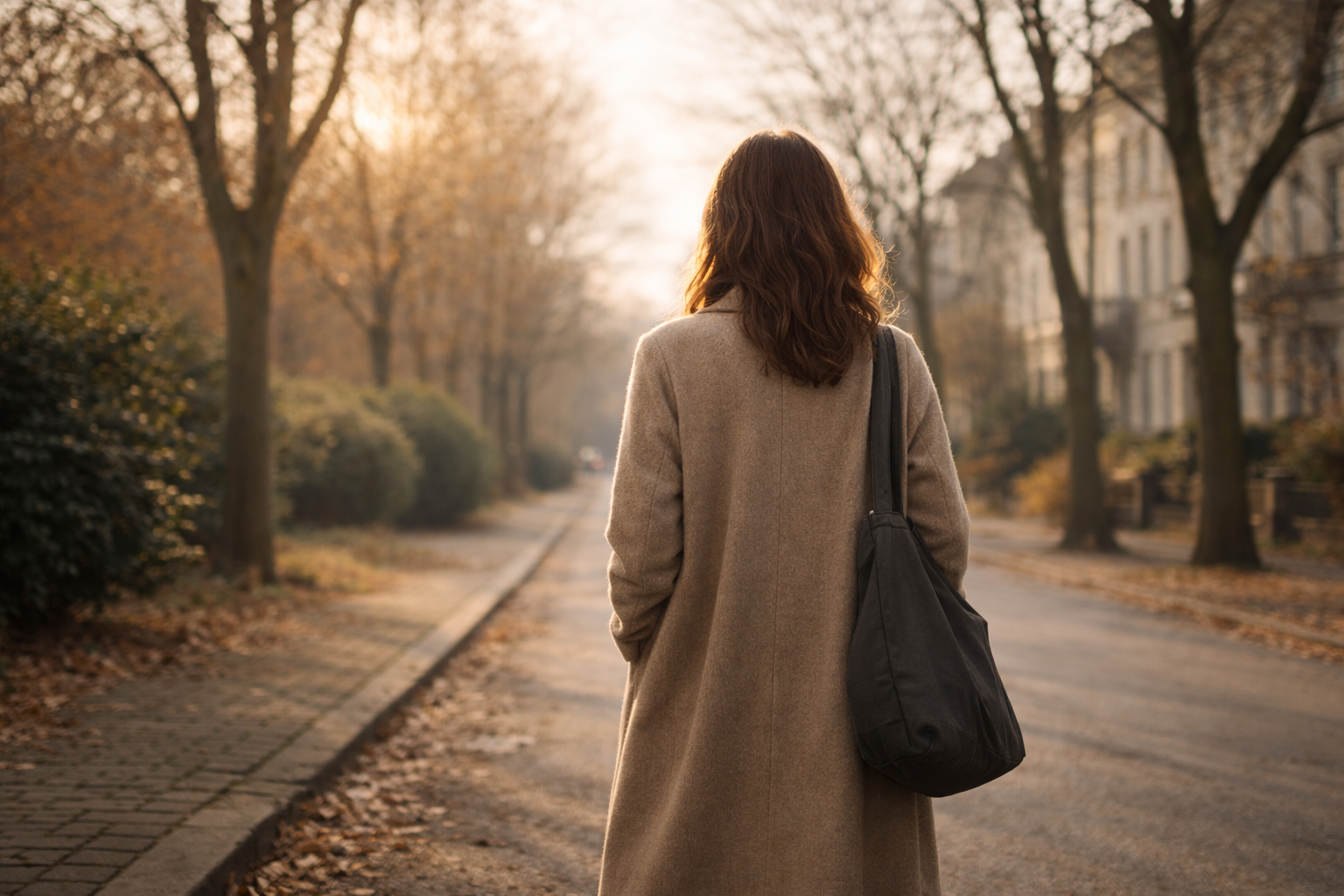 Mujer en primer plano caminando por una calle arbolada en invierno con luz suave de sol bajo