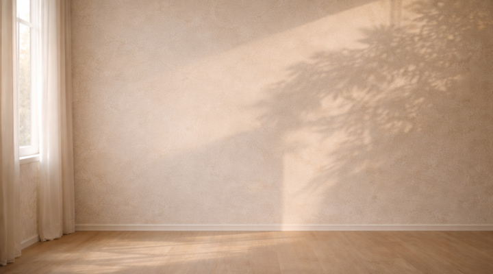 Pared beige con sombra vegetal que divide suavemente el espacio en dos zonas de luz.