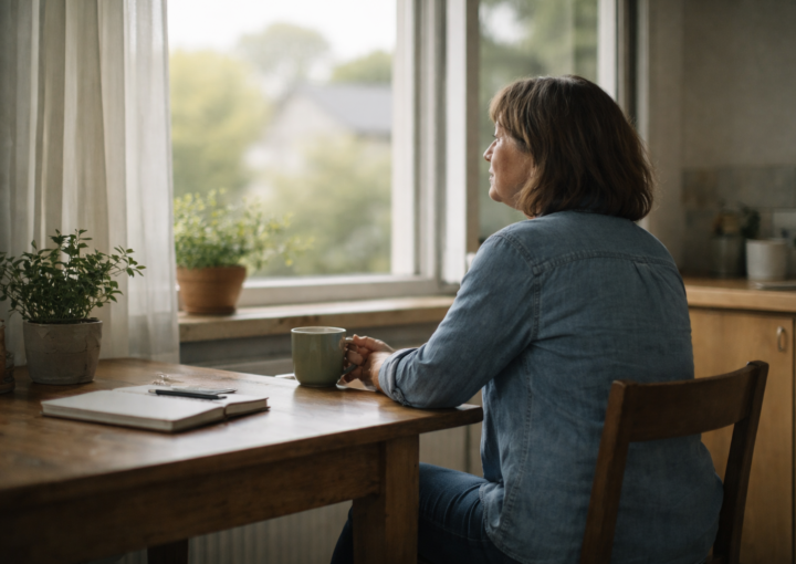Mujer adulta sentada a una mesa junto a una ventana abierta, con luz natural suave y un ambiente doméstico tranquilo.