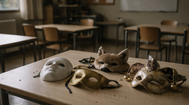 Mesa de aula vacía con varias máscaras de Carnaval usadas, iluminadas por luz natural lateral, en un espacio silencioso y ordenado.