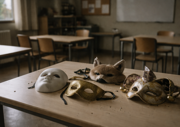 Mesa de aula vacía con varias máscaras de Carnaval usadas, iluminadas por luz natural lateral, en un espacio silencioso y ordenado.
