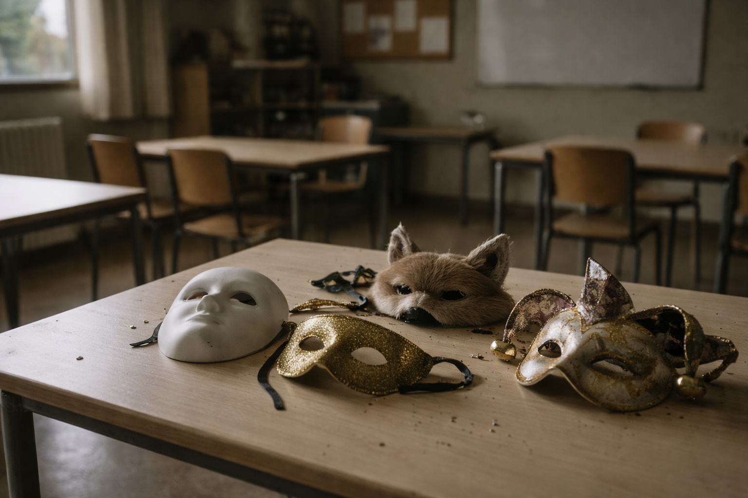 Mesa de aula vacía con varias máscaras de Carnaval usadas, iluminadas por luz natural lateral, en un espacio silencioso y ordenado.