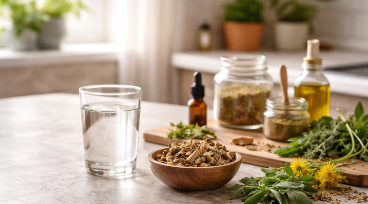 Vaso de agua y mezcla de hierbas secas en un cuenco de madera sobre una encimera con luz natural