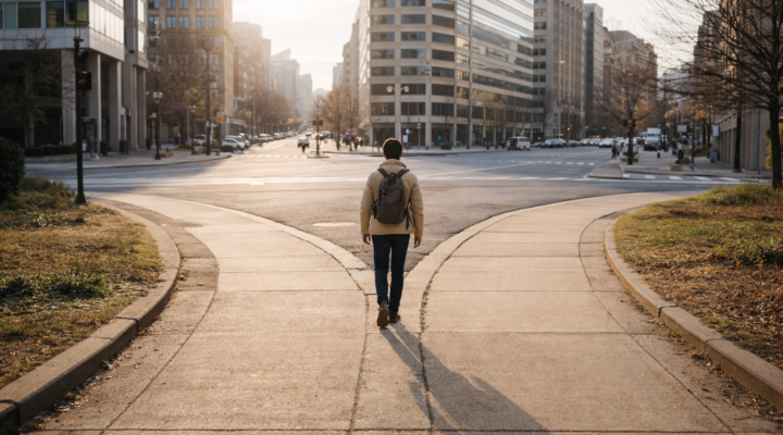 Persona caminando por una bifurcación en una avenida amplia de ciudad con luz natural suave.