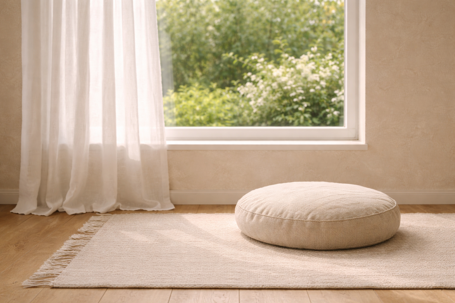 Ventana con vista suave a un jardín, cortina de lino, cojín redondo sobre alfombra clara en suelo de madera con luz natural.