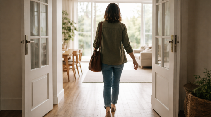 Mujer caminando de espaldas a través de una puerta abierta hacia un espacio interior amplio y luminoso con luz natural.