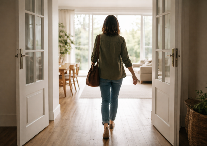 Mujer caminando de espaldas a través de una puerta abierta hacia un espacio interior amplio y luminoso con luz natural.