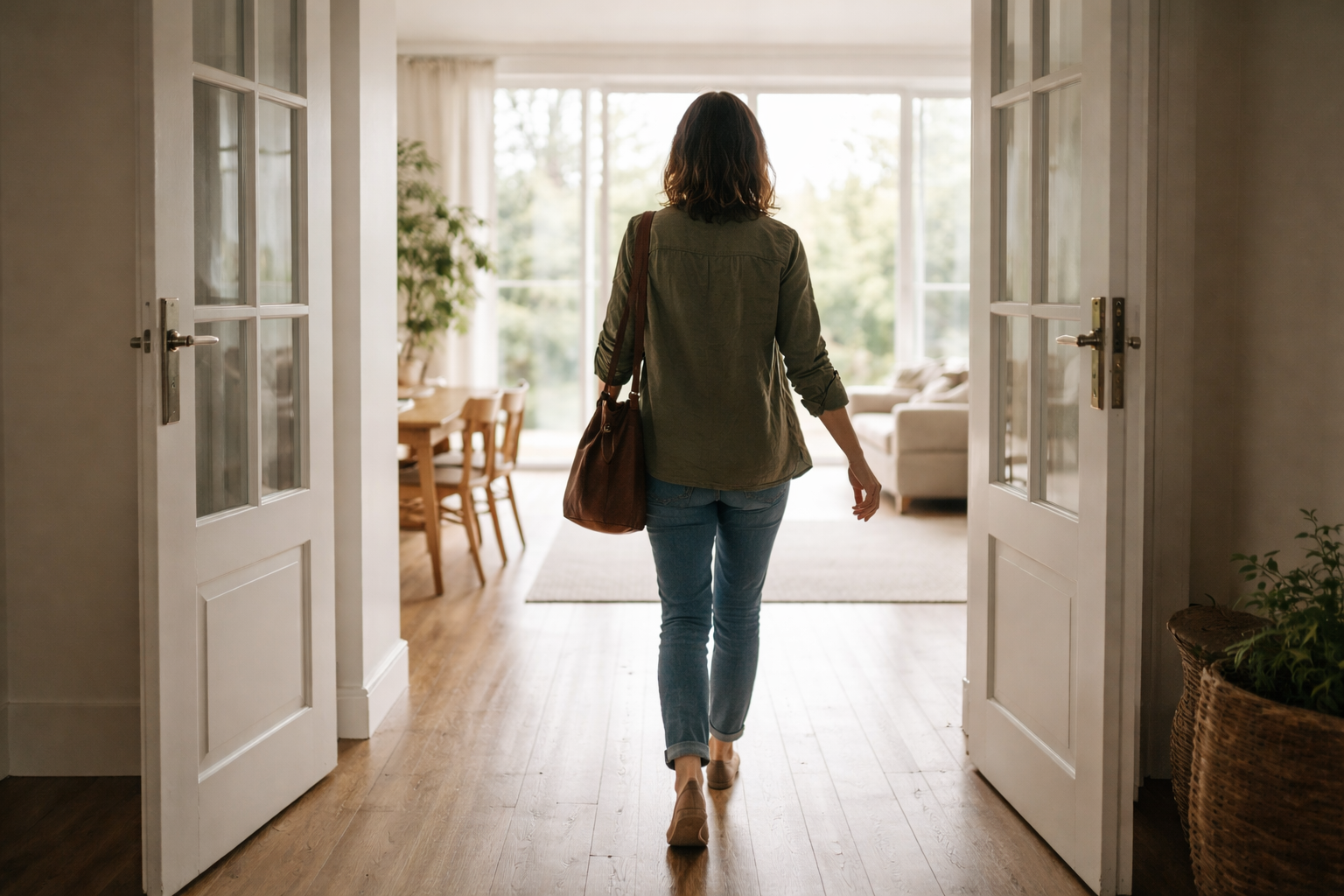 Mujer caminando de espaldas a través de una puerta abierta hacia un espacio interior amplio y luminoso con luz natural.