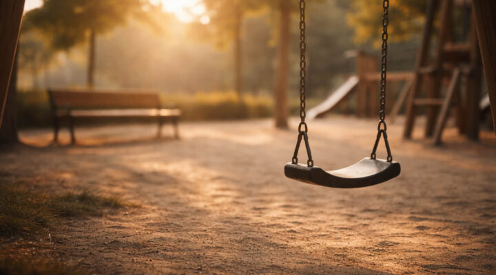 Columpio vacío en un parque al atardecer con luz cálida y ambiente tranquilo que simboliza la transición emocional entre infancia y adolescencia
