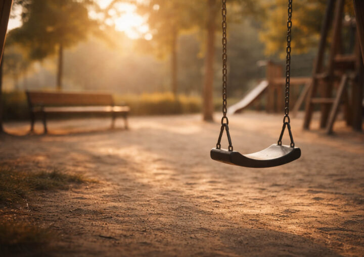 Columpio vacío en un parque al atardecer con luz cálida y ambiente tranquilo que simboliza la transición emocional entre infancia y adolescencia