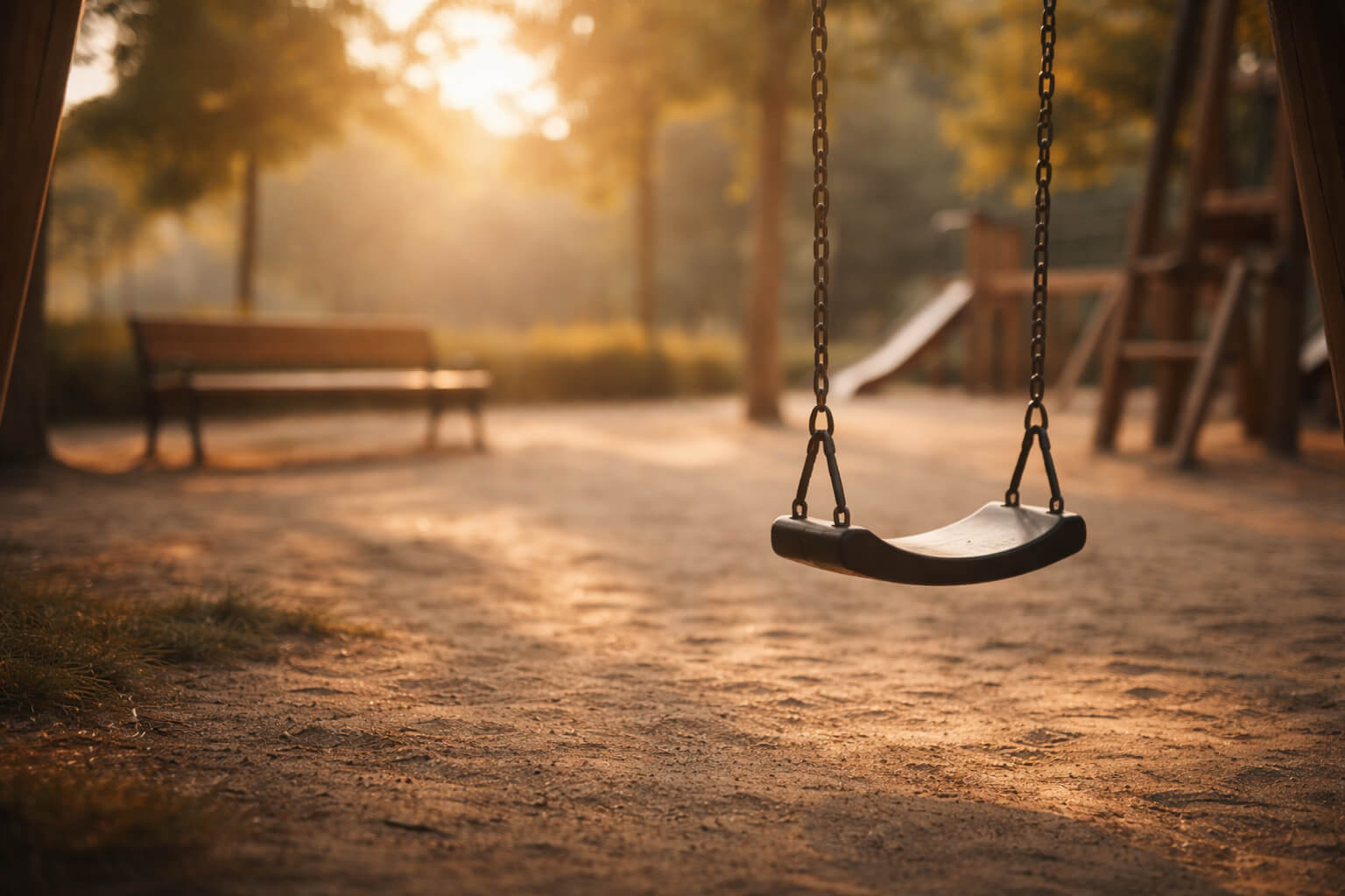 Columpio vacío en un parque al atardecer con luz cálida y ambiente tranquilo que simboliza la transición emocional entre infancia y adolescencia