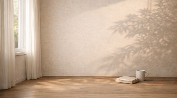Interior minimalista con pared beige, luz natural entrando por una ventana, sombra de hojas en la pared y una taza junto a un libro sobre suelo de madera.