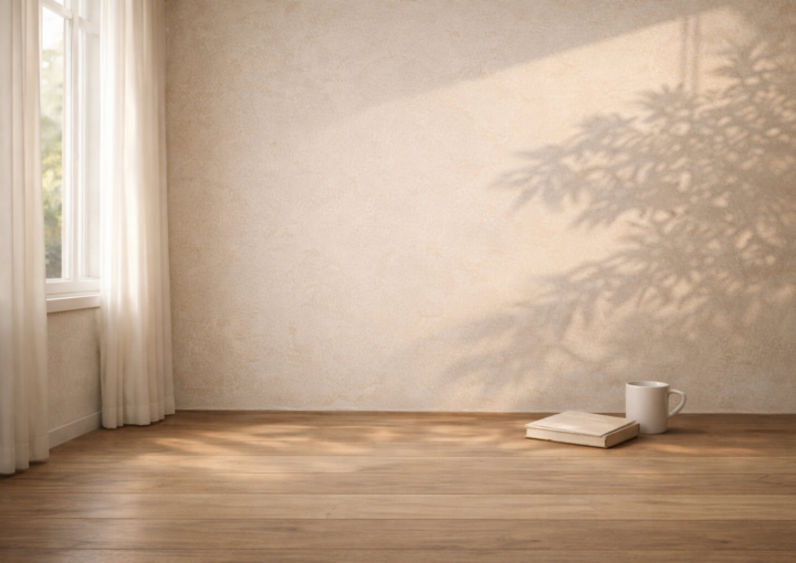 Interior minimalista con pared beige, luz natural entrando por una ventana, sombra de hojas en la pared y una taza junto a un libro sobre suelo de madera.