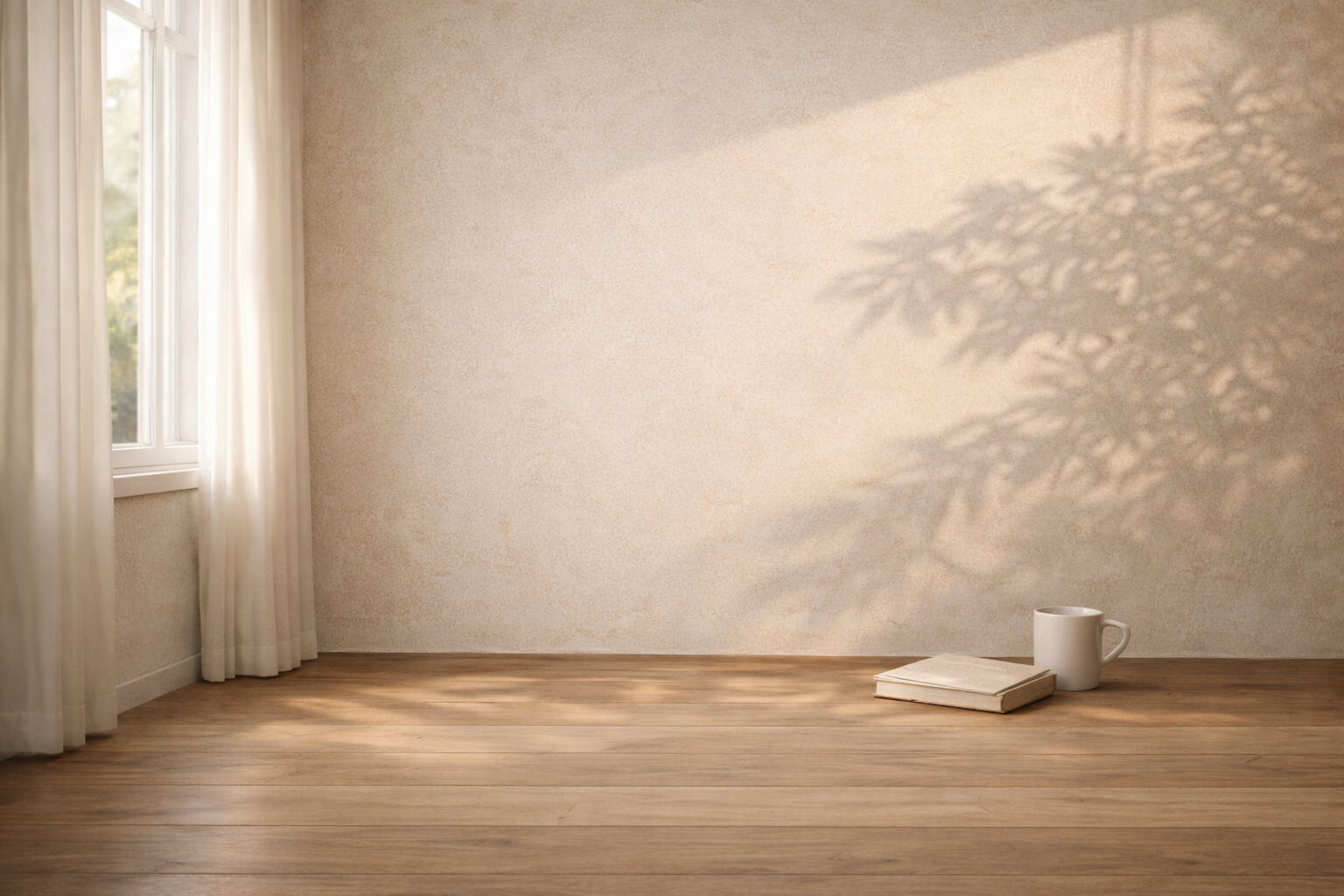 Interior minimalista con pared beige, luz natural entrando por una ventana, sombra de hojas en la pared y una taza junto a un libro sobre suelo de madera.